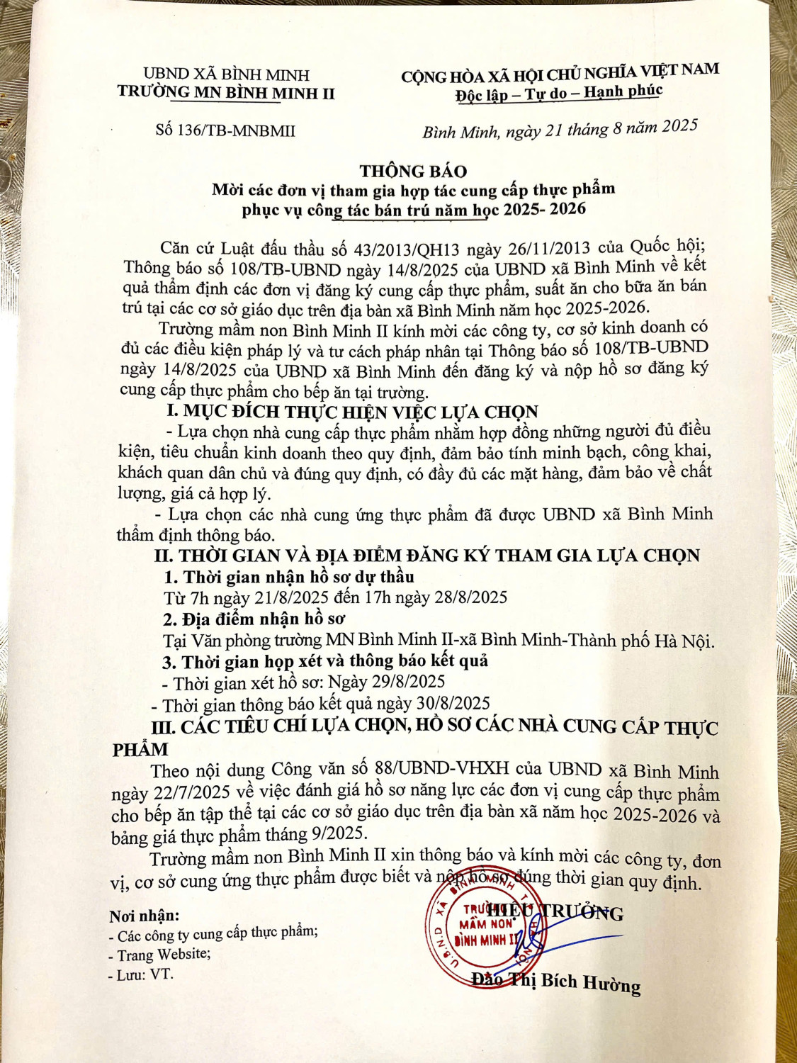 THÔNG BÁO Mời các đơn vị tham gia hợp tác cung cấp thực phẩm phục vụ công tác bán trú năm học 2025- 2026